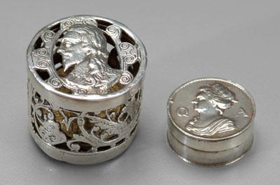 Appraisal: Two silver gaming boxes with counters one with lid depicting