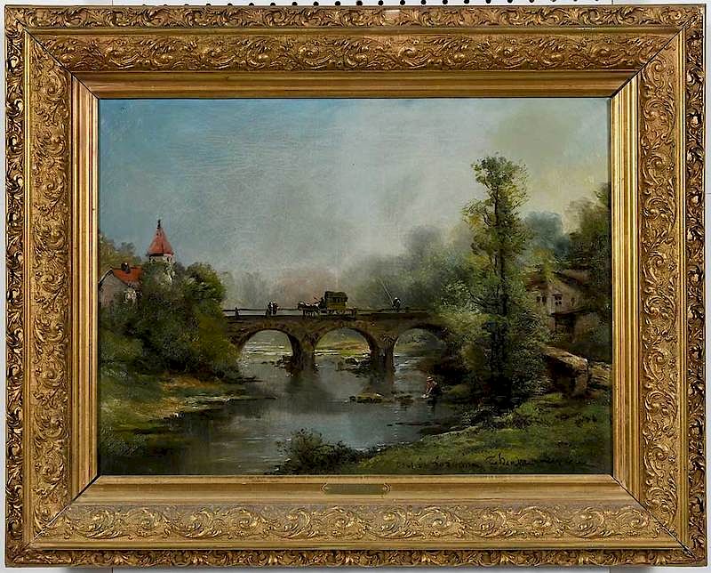 Appraisal: Th odore Levigne French - A River Bridge tiled indistinctly