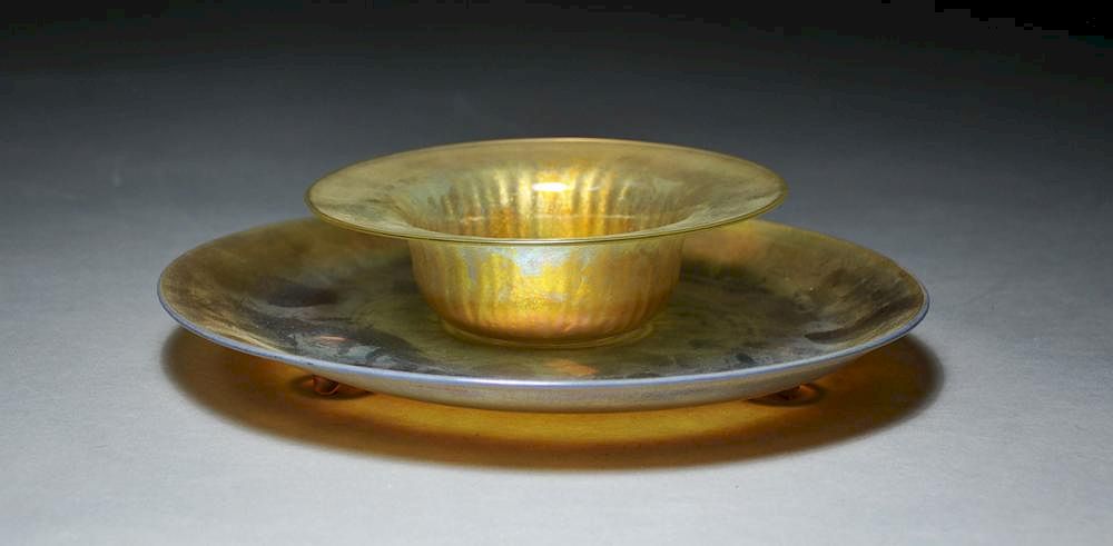 Appraisal: Two piece Steuben gold Aurene footed center dish plateau Two