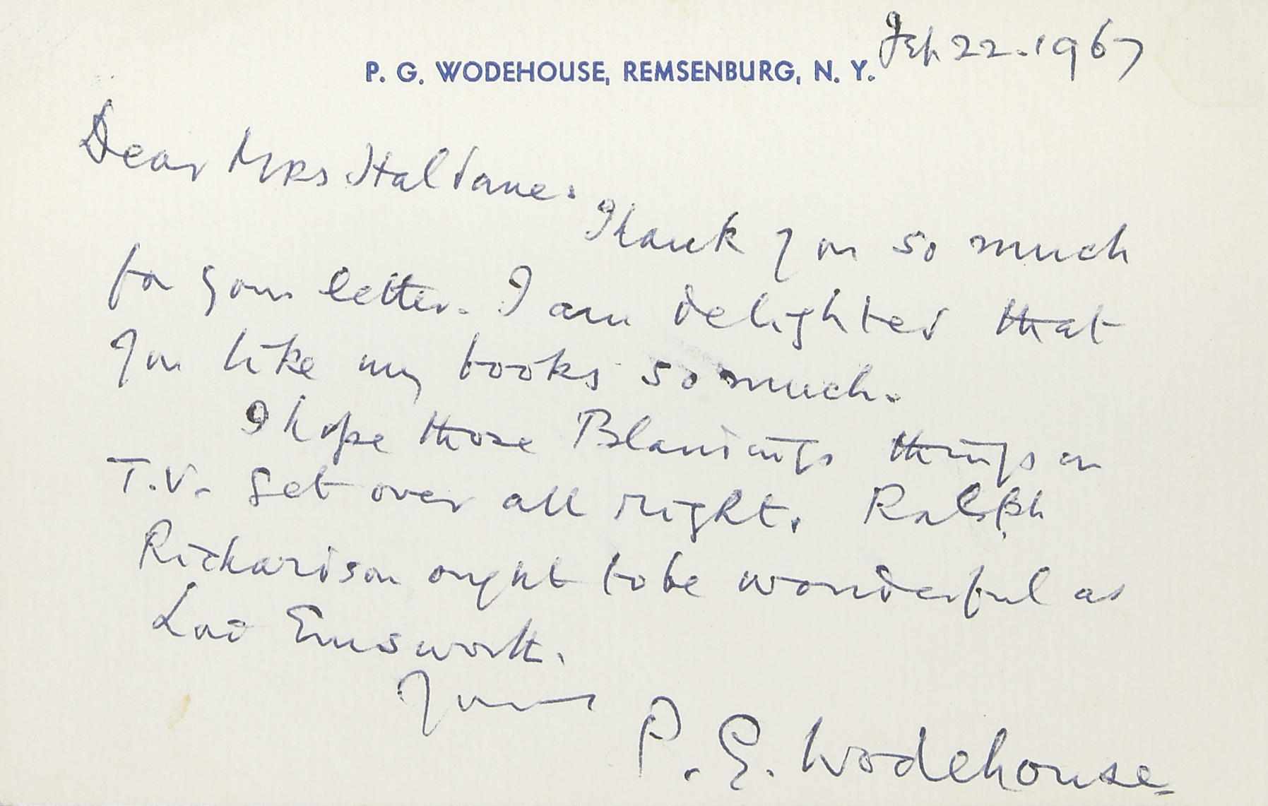 Appraisal: WODEHOUSE PELHAM GRENVILLE - Autograph Letter Signed ''P G Wodehouse''