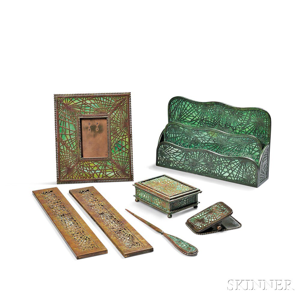 Appraisal: Six-piece Tiffany Studios Pine Needle Desk Set Patinated bronze slag