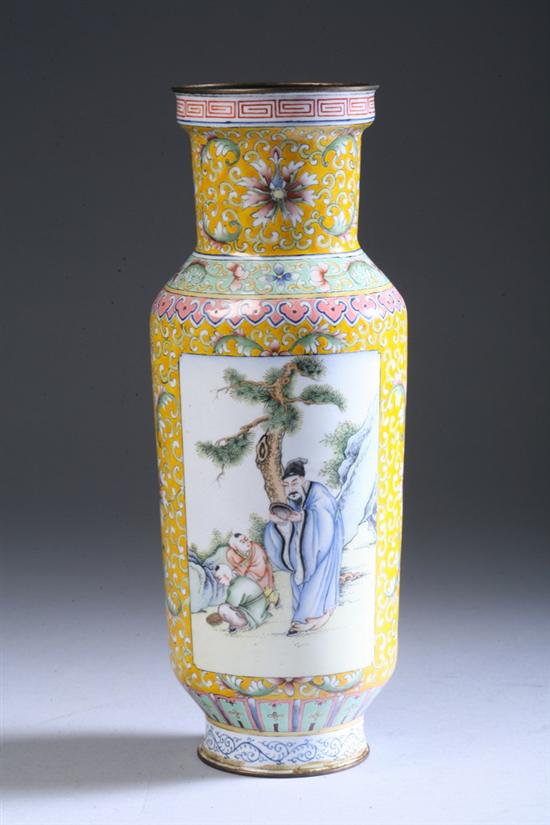 Appraisal: CHINESE ENAMEL VASE With two cartouches enclosing figural decoration on