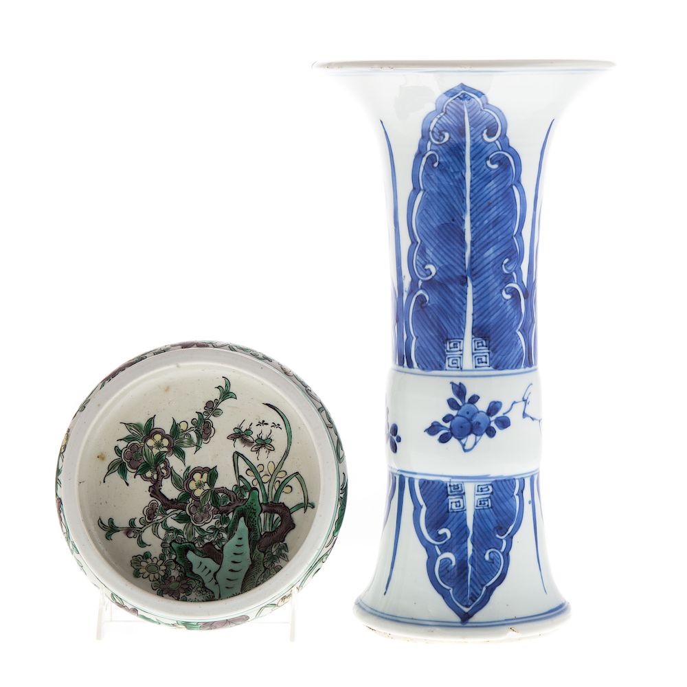 Appraisal: Chinese blue white vase and Famille Verte bowl trumpet vase