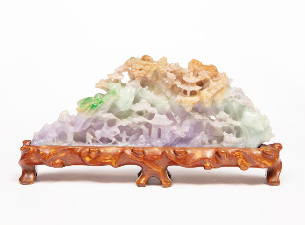 Appraisal: Chinese Jadeite Scene carved as a mountainous village with figures