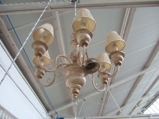 Appraisal: Two six branch gilt wood and cream painted chandeliers th