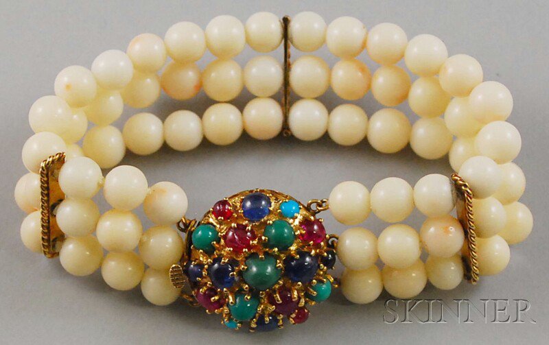 Appraisal: Triple-strand Angelskin Coral Bracelet with kt gold and cabochon multicolored