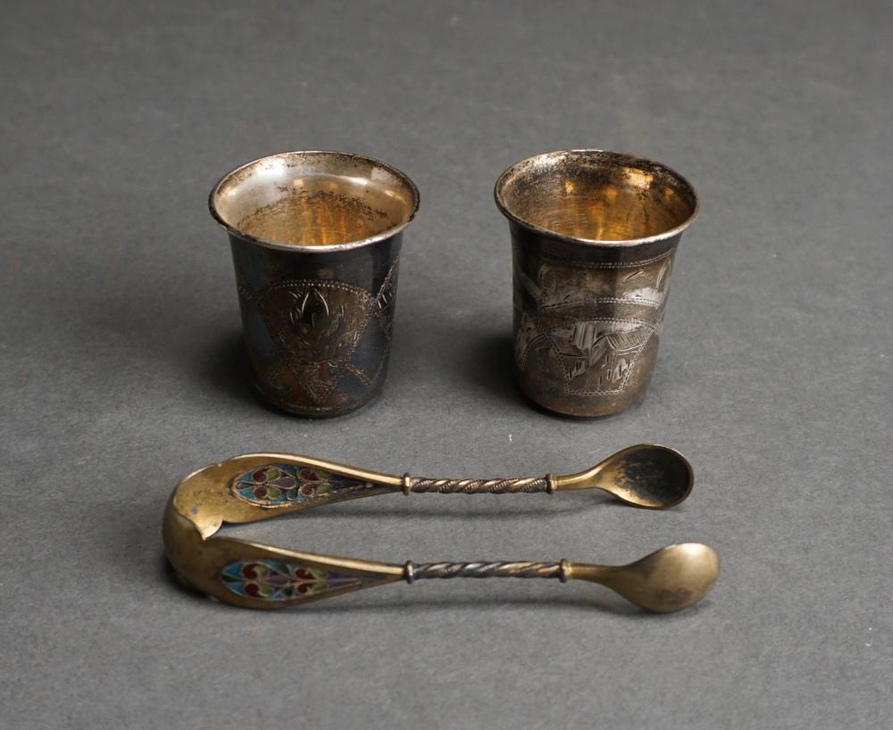 Appraisal: SCANDINAVIAN ENAMEL DECORATED GILT SILVER SUGAR TONGS AND TWO RUSSIAN