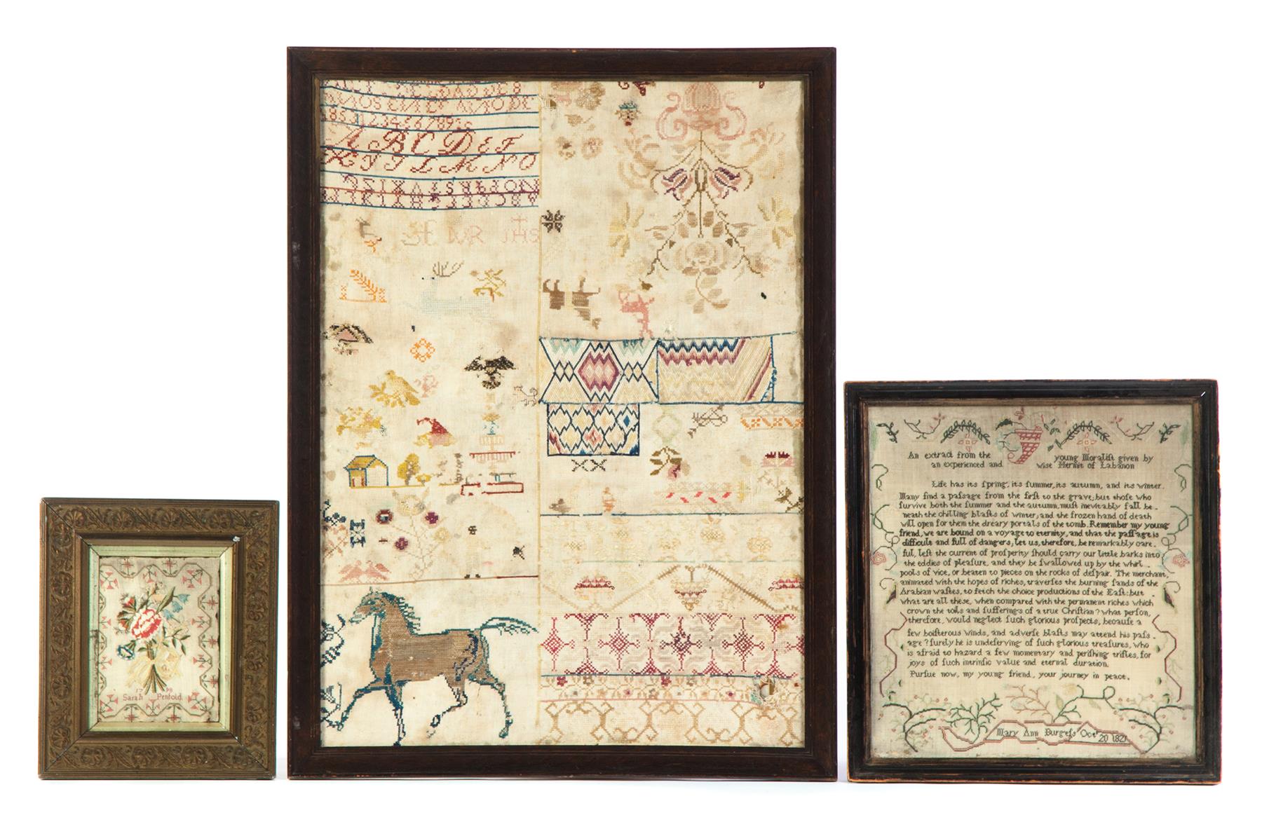 Appraisal: THREE SAMPLERS England dated silk on wool Lengthy verse with