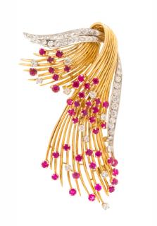 Appraisal: A Retro Karat Yellow Gold Platinum Diamond and Ruby Spray