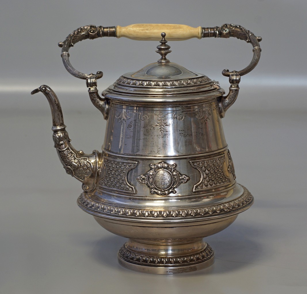 Appraisal: Continental silver tea kettle swing handle with birds head terminations