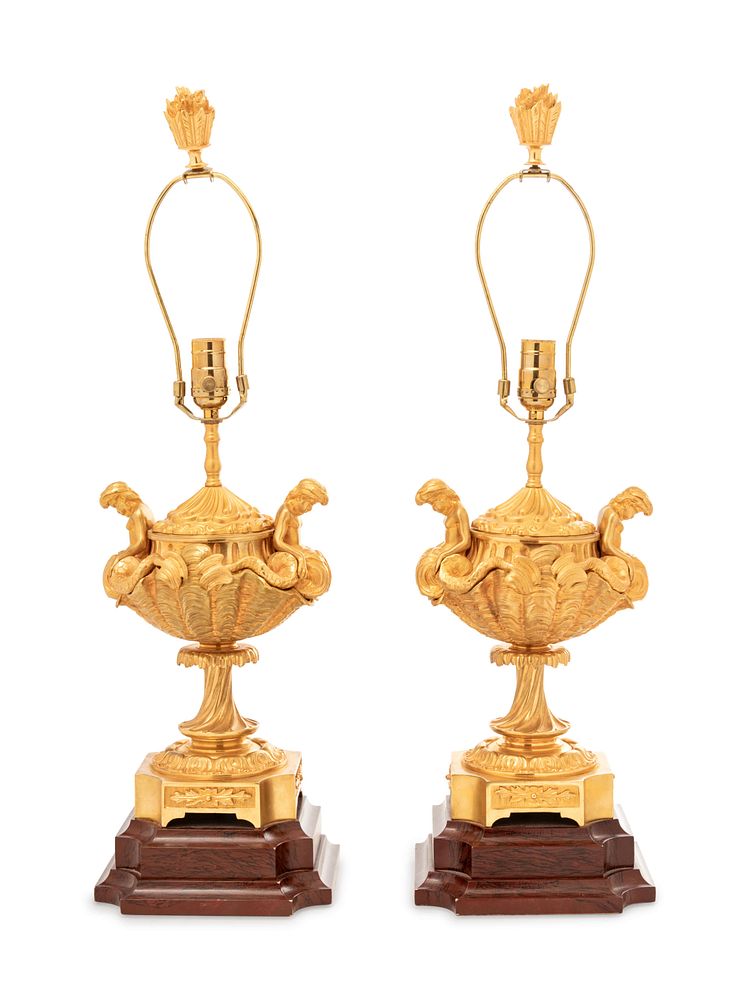 Appraisal: A Pair of Continental Gilt Bronze Covered Urns Mounted as