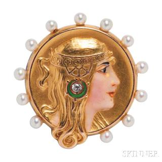 Appraisal: Art Nouveau kt Gold Enamel and Pearl Watch Pin Alling