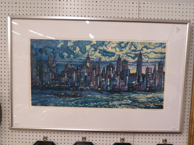 Appraisal: Mark Mulfinger linocut Cityscape of well listed Greenville SC artist