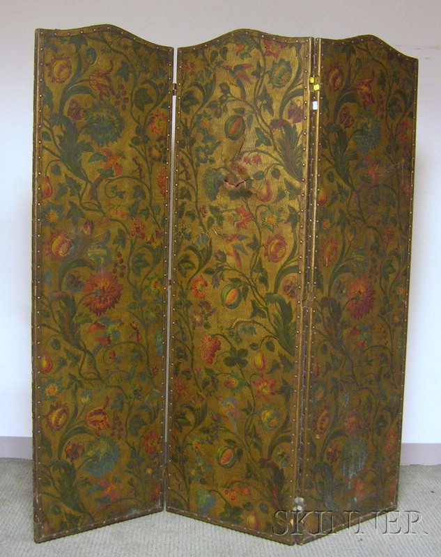 Appraisal: Painted Floral Embossed Leather Three-Panel Folding Floor Screen ht panel