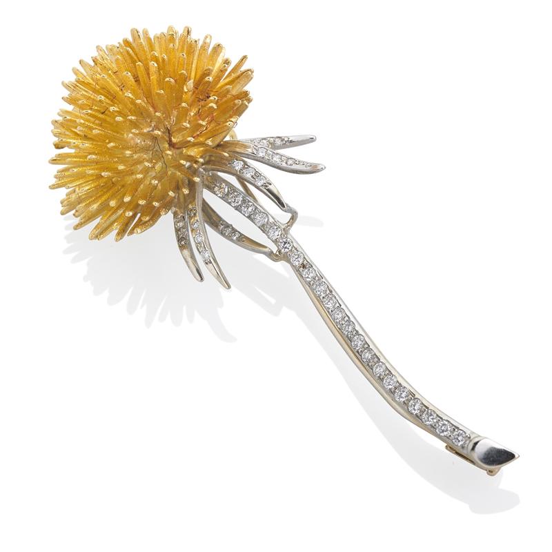 Appraisal: BICOLOR K GOLD DIAMOND THISTLE BROOCH Condition Report H-I VS