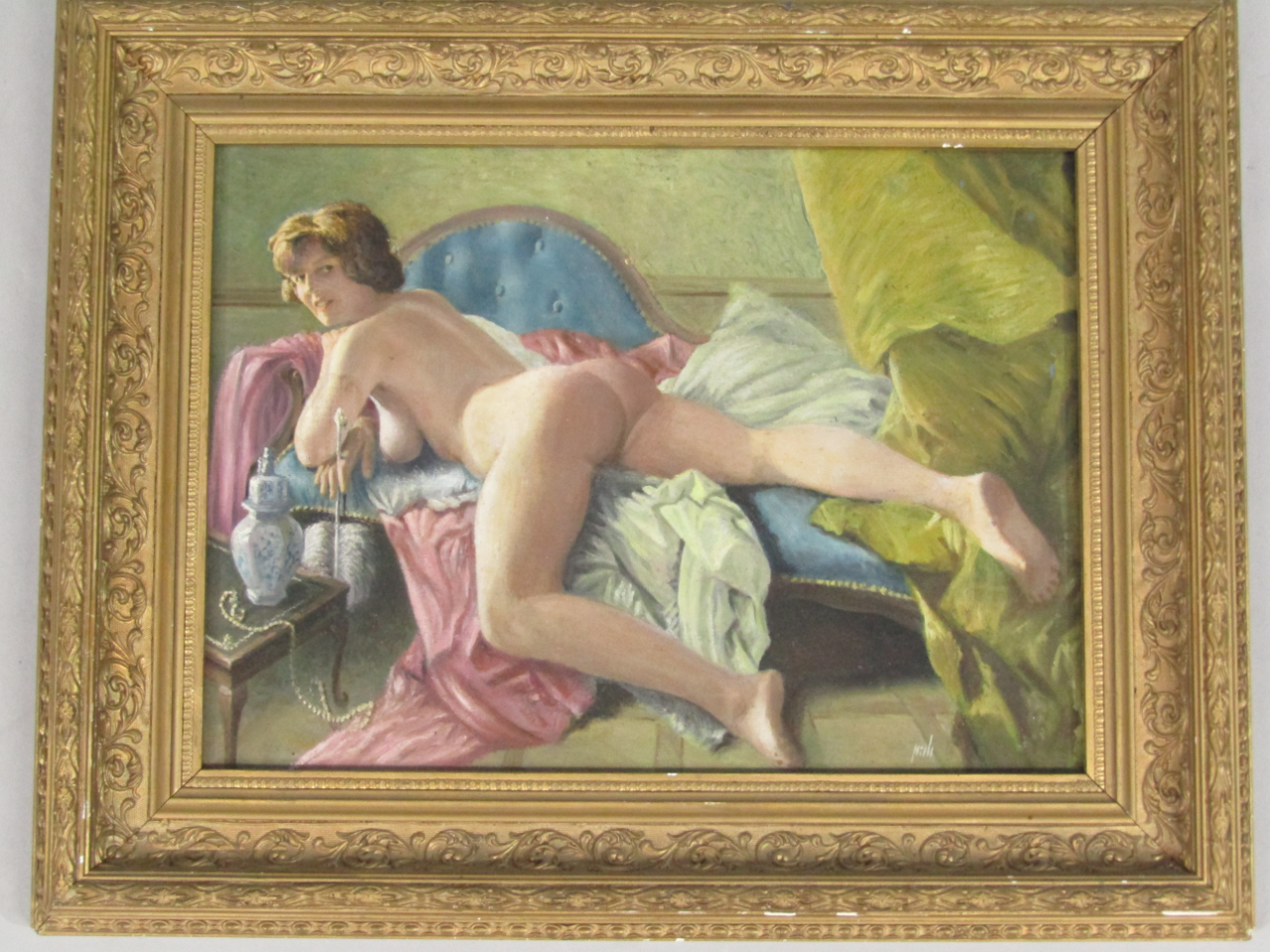 Appraisal: Percival A Bates Nude study - blue chaise longue Daphne