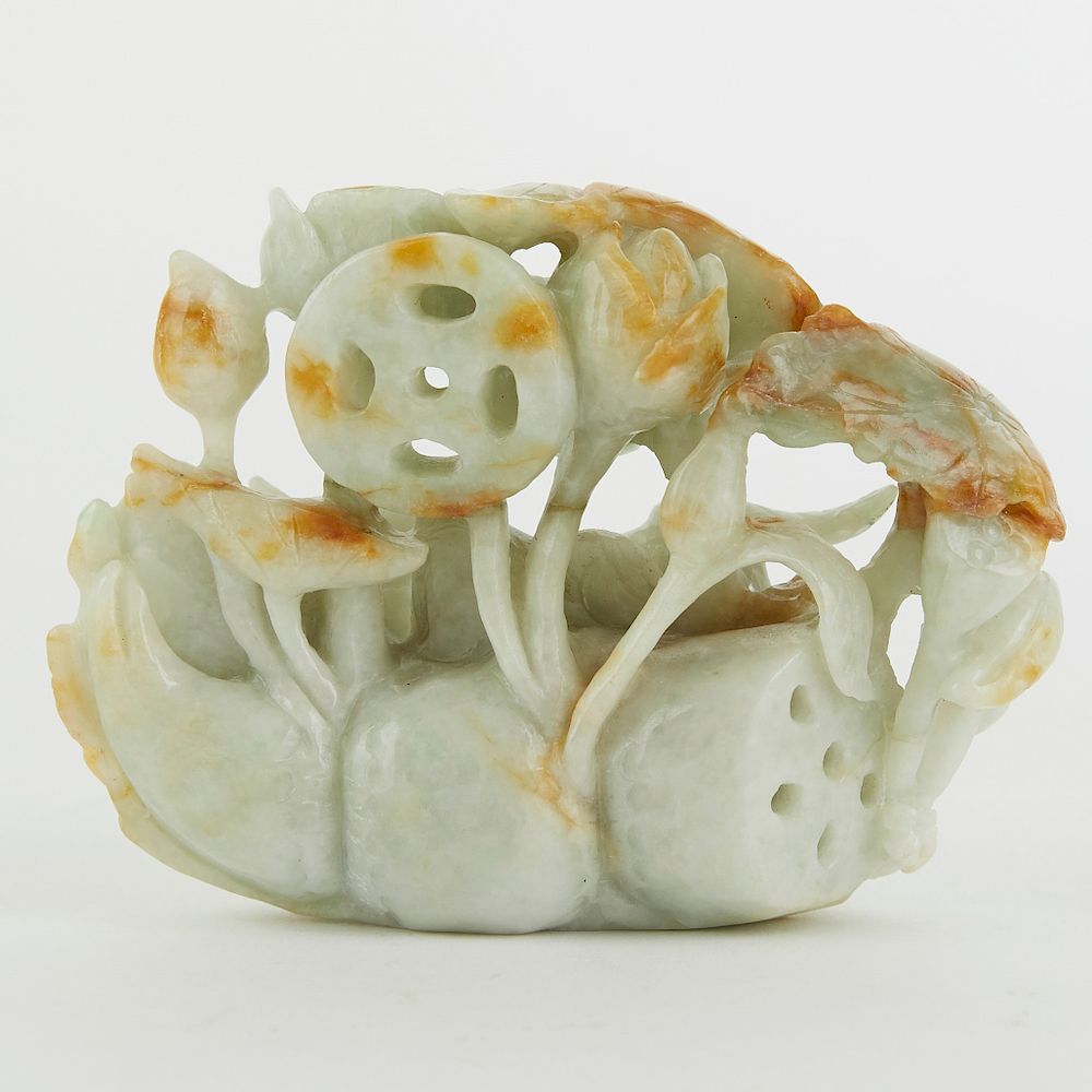 Appraisal: Chinese Jade Duck and Lotus Carving Chinese jade carving of