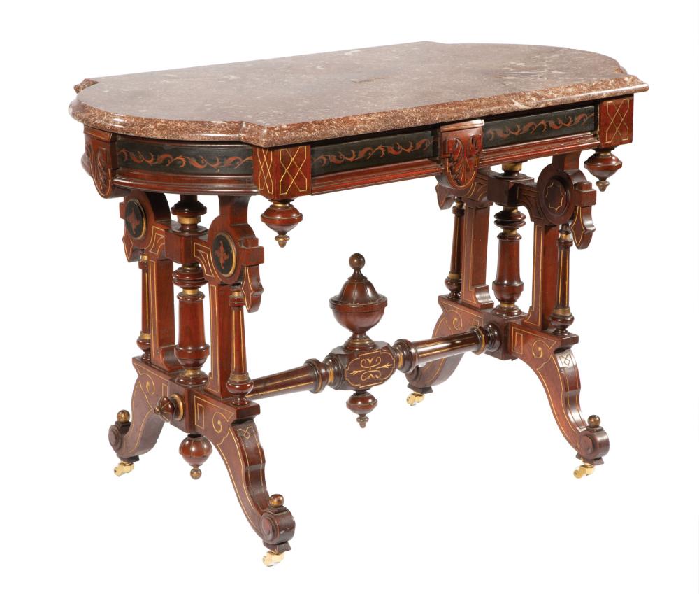 Appraisal: American Renaissance Gilt-Incised Inlaid and Parcel Ebonized Walnut Center Table