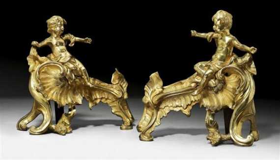 Appraisal: PAIR OF SMALL FIREPLACE CHENETS AUX ENFANTS late Louis XV