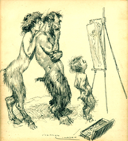 Appraisal: Norman Lindsay - Faun Family Looking at Painting ink on