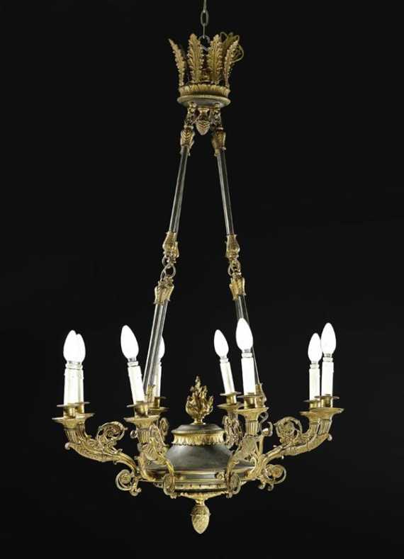 Appraisal: BRONZE CHANDELIER Empire Restauration Paris circa Matte and polished gilt