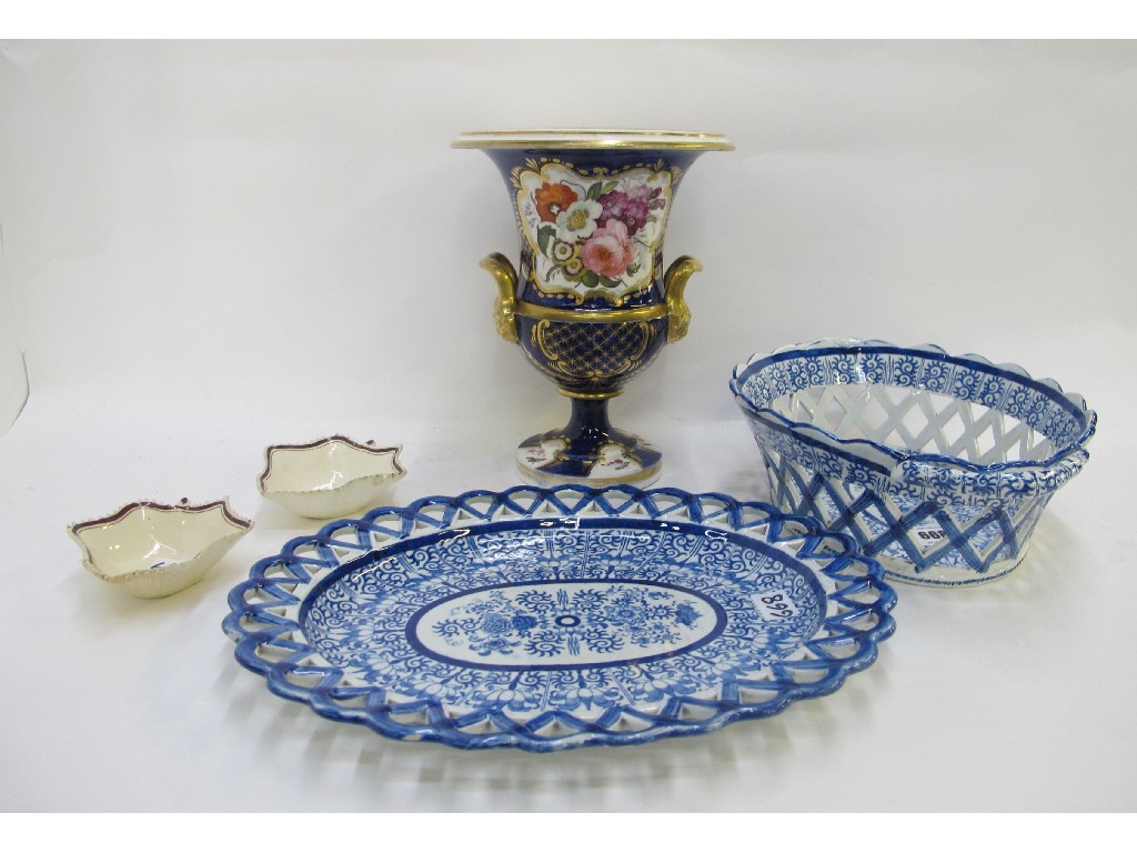 Appraisal: Pearlware basket and stand two leaf pickle dishes and a