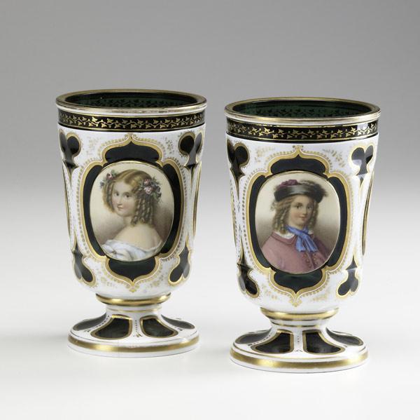 Appraisal: OVERLAY GLASS VESSELS Fine pair of gold-trimmed green overlay cups