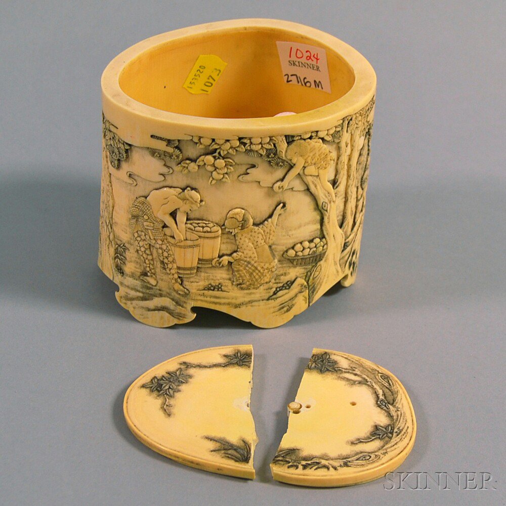 Appraisal: Ivory Box and Cover Japan decorated in high relief with