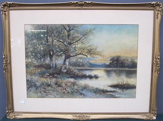 Appraisal: SMITH R Govache on paper Tree lined river landscape Signed