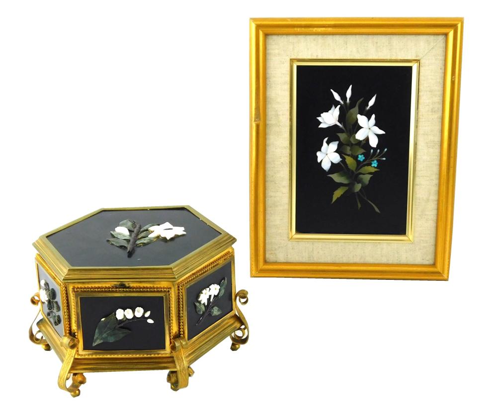 Appraisal: PIETRA DURA FRAMED PLAQUE AND SIMILAR HARDSTONE BOX ITALIAN LATE