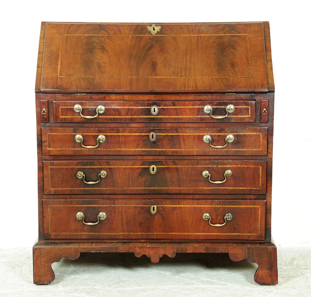 Appraisal: A GEORGIAN MAHOGANY BUREAU mid th century with chequer banding