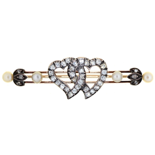 Appraisal: A diamond and cultured pearl linked hearts bar brooch early