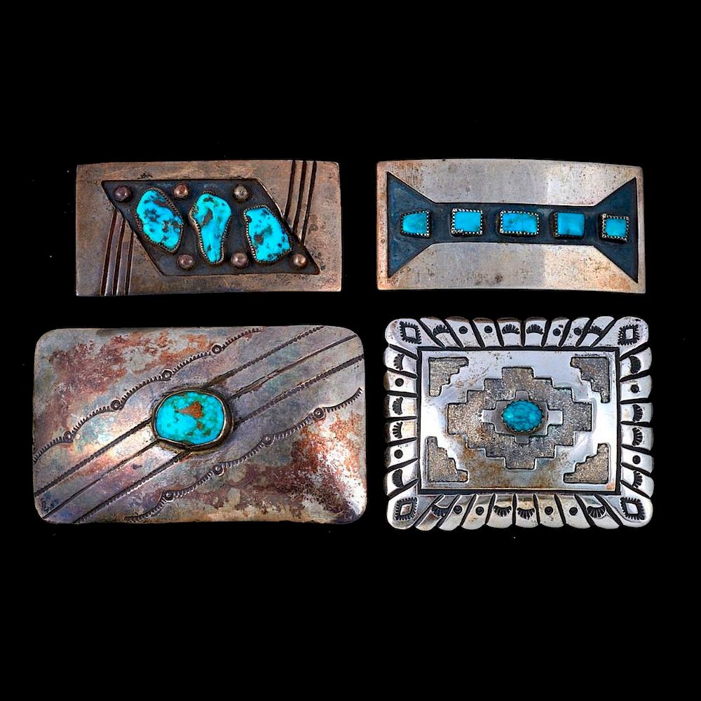 Appraisal: NAVAJO BELT BUCKLES Four Vintage old pawn turquoise and silver