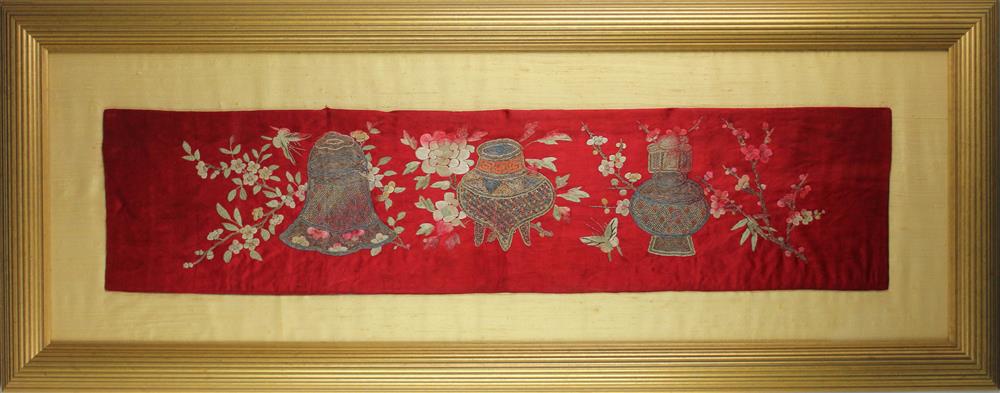 Appraisal: CHINESE SILK-EMBROIDERED SILK TEXTILE QING DYNASTY LATE TH CENTURY the