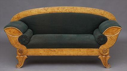 Appraisal: BIEDERMEIER CARVED AND INLAID BIRCH SETTEE The arched line-inlaid top