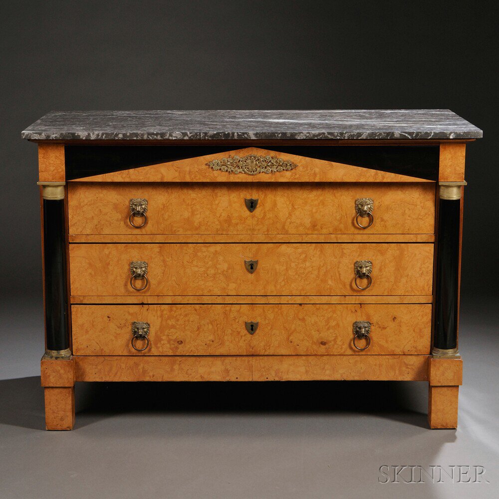 Appraisal: Biedermeier-style Birch-veneer and Part-ebonized Marble-top Chest of Drawers likely Germany