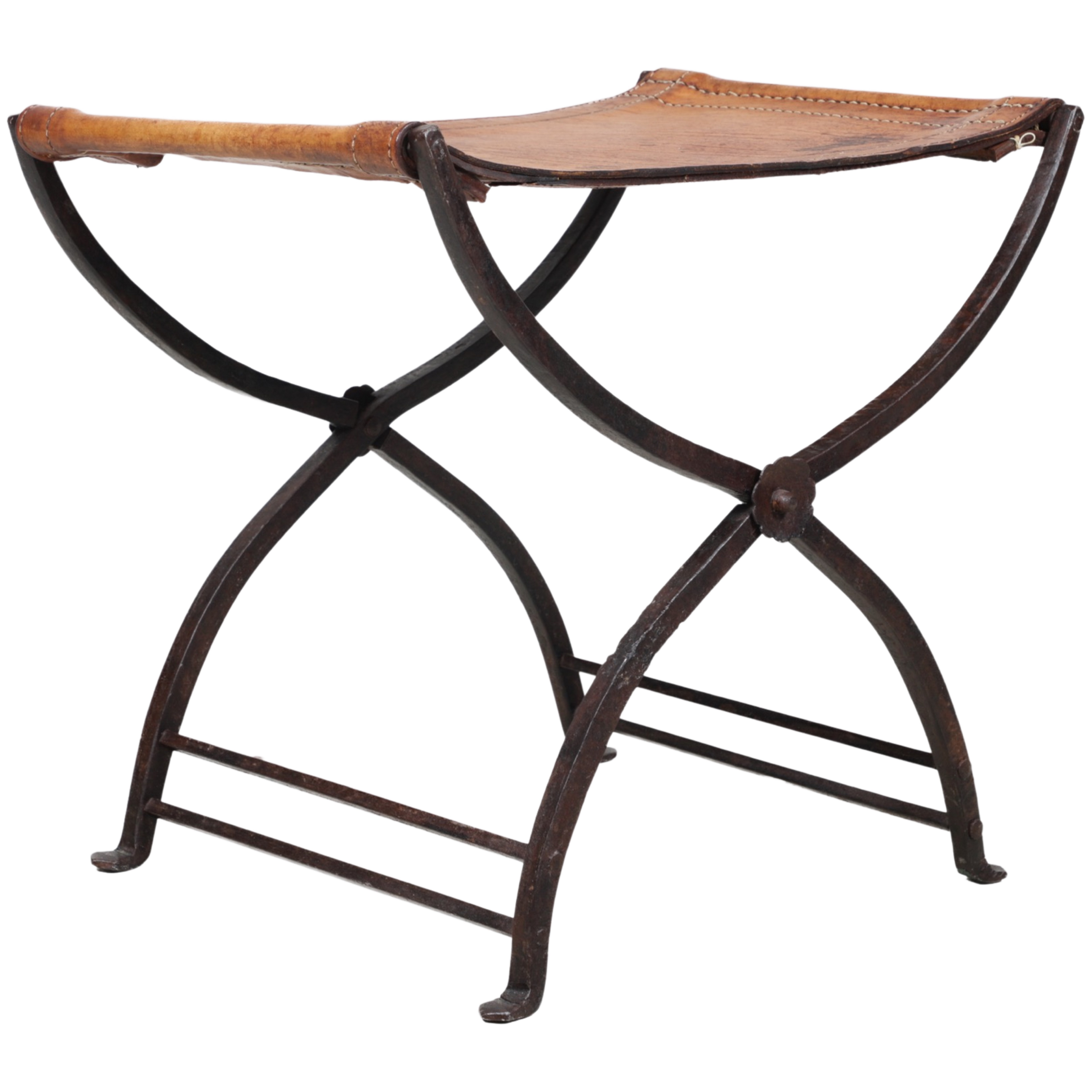 Appraisal: Leather and iron folding curule stool brown stitched leather seat