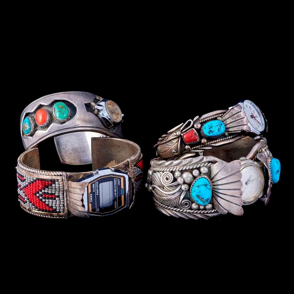 Appraisal: NAVAJO WATCH CUFF BRACELETS Four Old Pawn Southwest turquoise silver