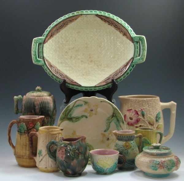 Appraisal: Majolica Woven Jar with Lid unmarked ''h hairline on rim