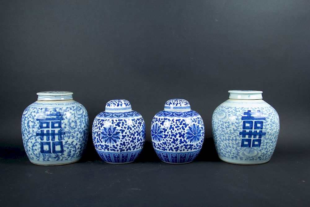 Appraisal: Two Pairs of Blue White Ginger Jars Two older shuangxi