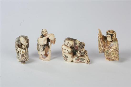 Appraisal: FOUR NETSUKES Japanese th century ivory Samurai with a lantern