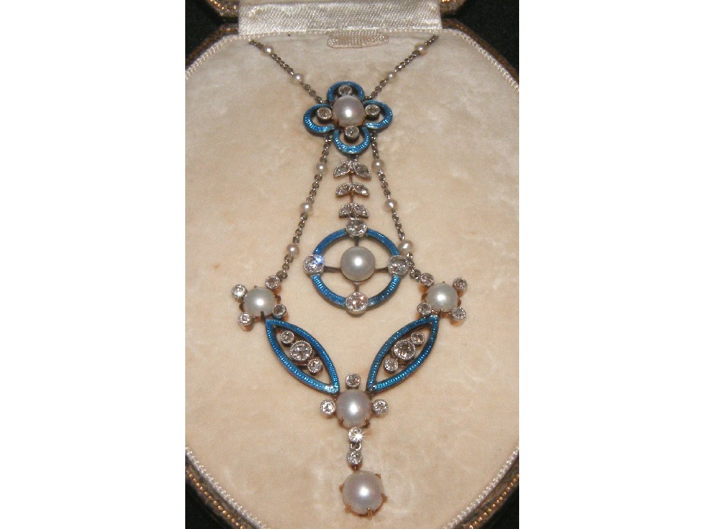 Appraisal: Exquisite ct and platinum enamel pearl and diamond pendant on