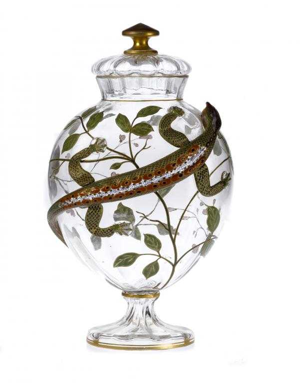 Appraisal: A FRENCH ENAMELLED OLIVE GREEN GLASS VASE AND COVER the