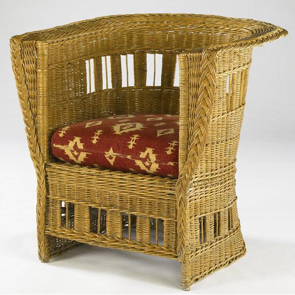 Appraisal: GUSTAV STICKLEY Rare wicker chair with loose cushion Unmarked x