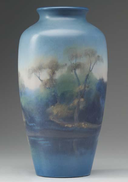 Appraisal: ROOKWOOD Scenic Vellum tall vase finely painted by Fred Rothenbusch