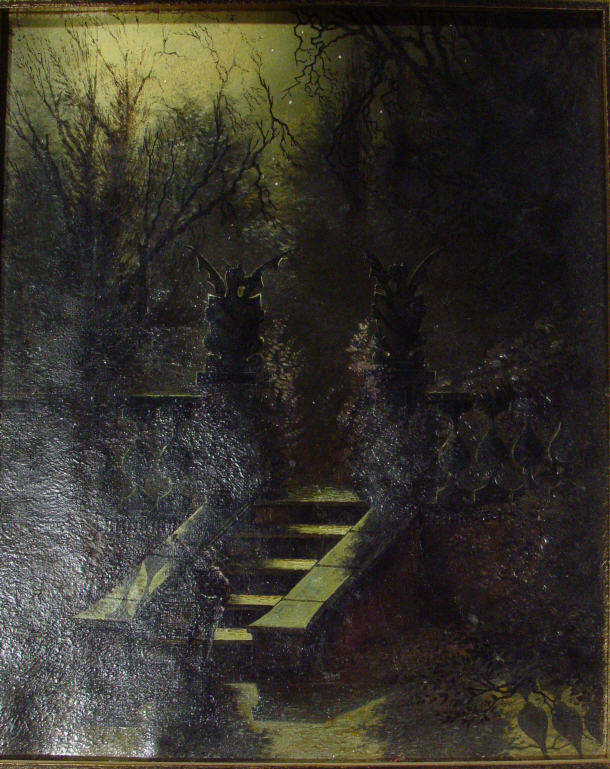 Appraisal: Unsigned oil onto canvas of figures climbing steps in a