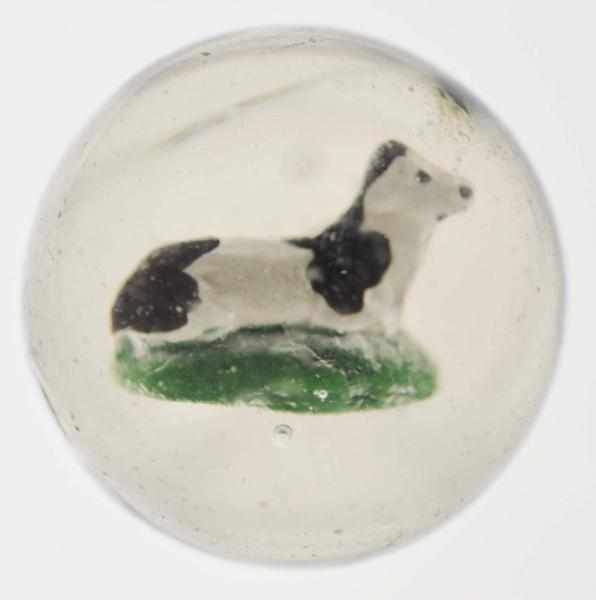 Appraisal: Painted Cow Sulphide Marble Description Laying cow on green grass