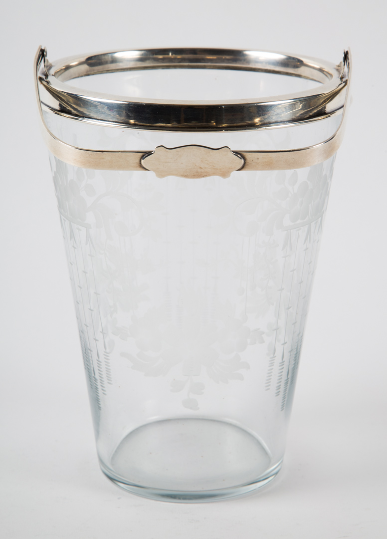 Appraisal: Hawkes sterling mounted etched glass ice bucket in H over