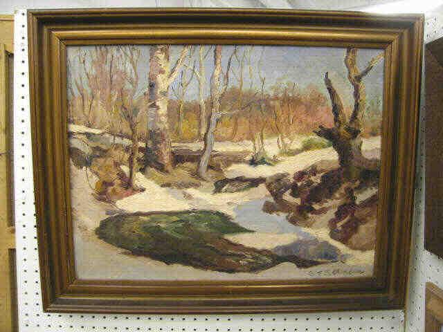 Appraisal: Impressionistic Oil on Canvas winter landscape with stream signed illegibly