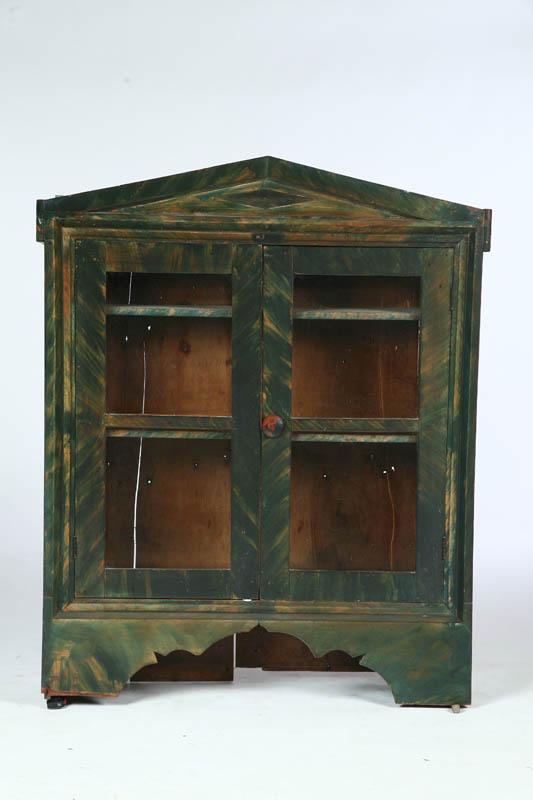 Appraisal: DECORATED HANGING CUPBOARD Possibly Midwestern mid th century pine Peaked